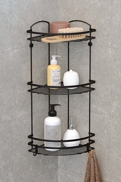 Teknotel Üç Katlı Kancalı Banyo Rafı Mat Siyah LM009H