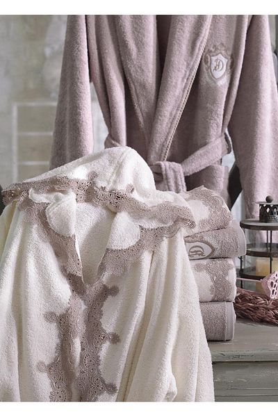 Dantela Almira 6 Piece Laced Bamboo Bathrobe Set - Cream/Tile