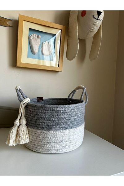 Patiska Tasarım Gray Handled Jute Basket - Hand Knitted Organizer