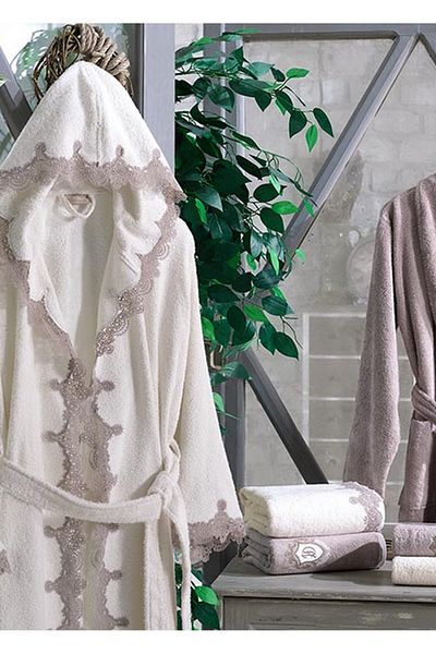 Dantela Almira 6 Piece Laced Bamboo Bathrobe Set - Cream/Tile