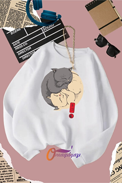 oneagılyazı سويت شيرت مطبوع عليه قطة يين يانغ