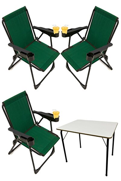 moniev Silva 3 Adet Kamp Sandalyesi Bardaklıklı Lüks Piknik Sandalye Yeşil + ...
