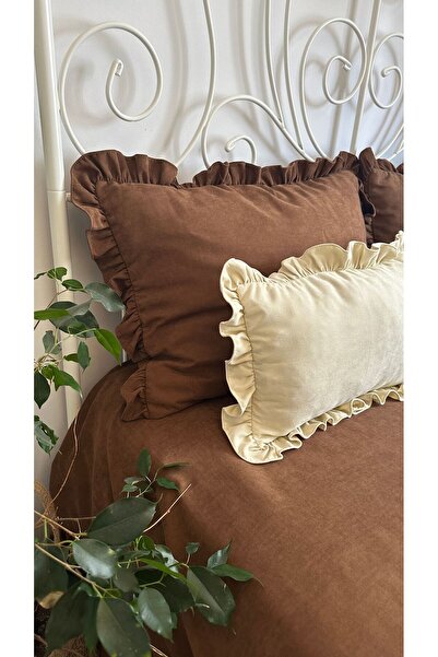 Decamor home Fırfırlı Kahverengi Yatak Örtüsü Seti Çift Kişilik