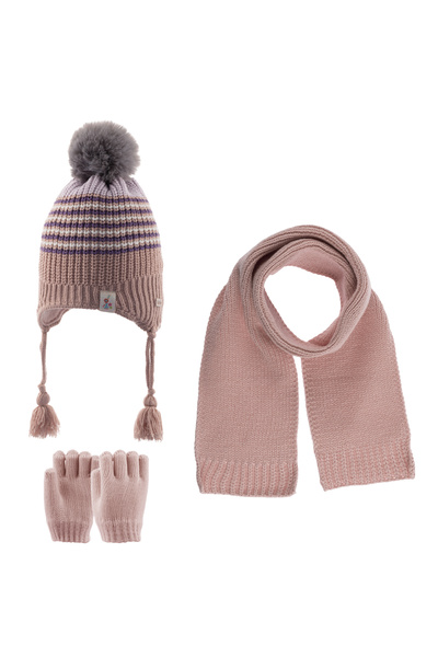 Kitti 1-4 Yaş Kız Çocuk Pudra Atkı Bere Eldiven Üçlü Takım Set (BERE IÇİ POLA...