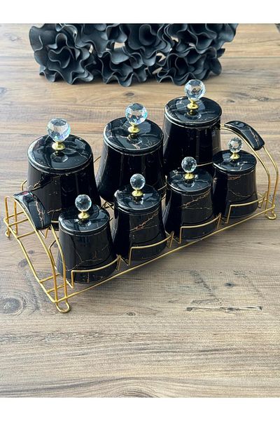 Meri Ev Gereçleri 7 Piece BlackMarbleStand Spice Set