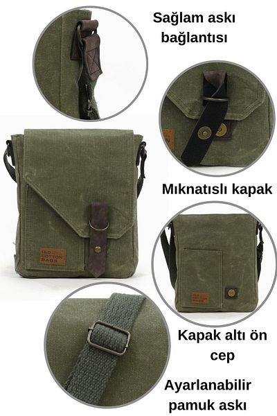 old cotton cargo 7059 S Pretty Khaki Green Water Resistant υφασμάτινη τσάντα ώμου Messenger Mini Laptop