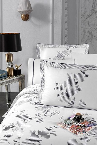 Silkarea Florentina 100% Cotton Satin Duvet Cover Set – Single, Elastic, White-Black Patterned