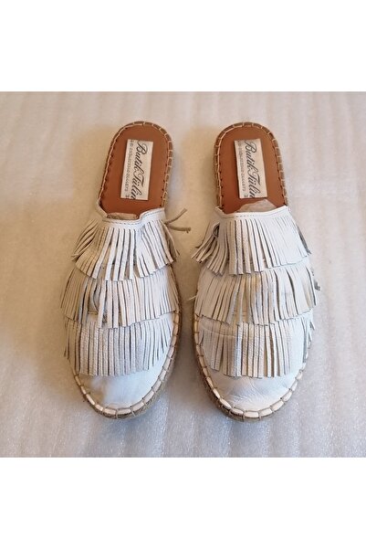 Butik Tülin Kadın hakiki dana derisi beyaz üç sıra püsküllü yumuşak kaymaz es...