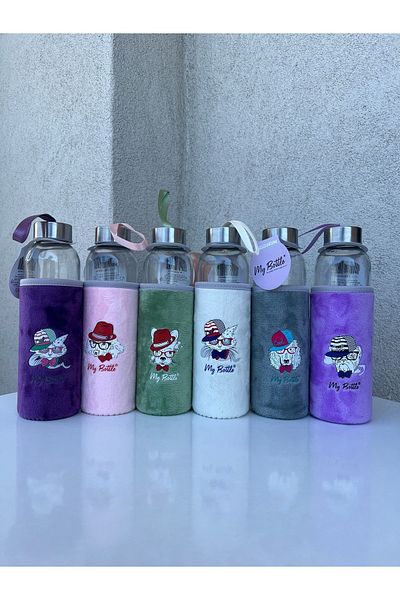 Daisy Green Colored Plush Flask - Glass Water Bottle 500ml Healthy