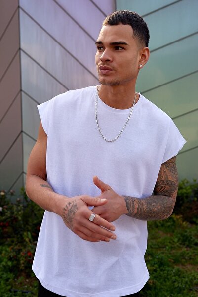 Buteks Unisex White Basketball Player Zero Sleeve Crew Neck Oversize Loose Ba...