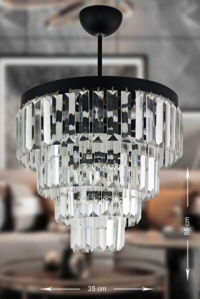 Avizemoda Linsa 35 Cm'lik Kristal Cam Taşlı Lüks Avize - (MAT SİYAH)