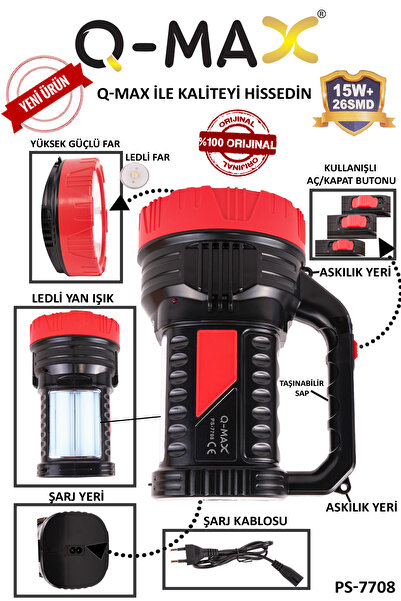 Q-MAX Yüksek Güçlü Far Yan Led Işıklı Acil Durum,Kamp Kullanışlı El Feneri