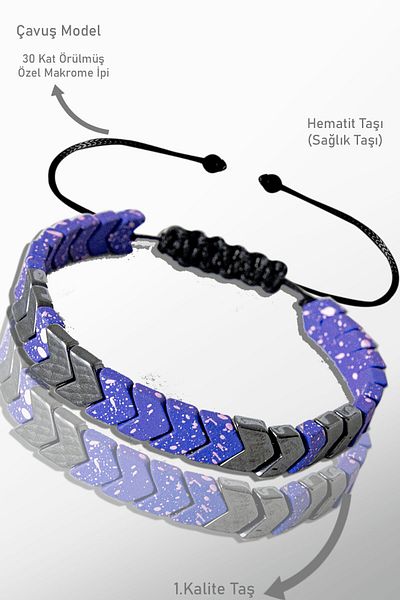 Tesbih Atölyesi Purple Snowy Quartz - Hematite Stone Sergeant Model Bracelet - Adjustable