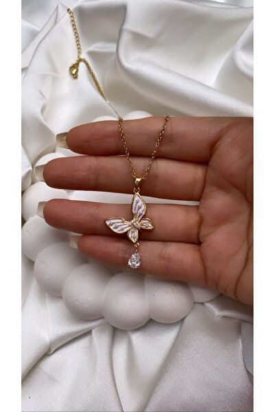 Accessories Çelik Kelebekli Taşlı Gold Renk Kolye
