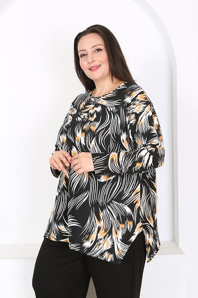 XL Modam Xlmodam Black Patterned Lycra Tunic - Plus Size, Long Sleeve