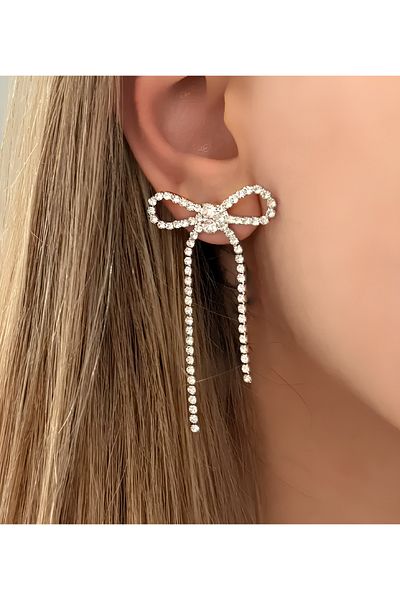İLKYAZ ACCESSORY silver zircon stone bow earrings
