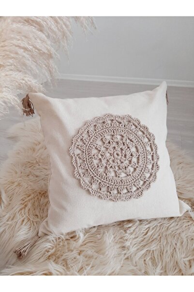 ZÜMAL Makrome Örgü Keten Dekoratif Kırlent Kılıfı Tekli -Yastık 43x43 Cm (Ren...
