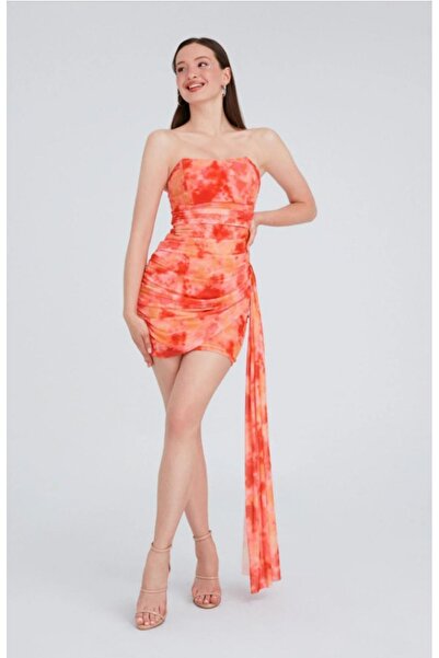 BEAUTY FASHİON Kadın Abiye Elbise Sarkıt Kumaş Detaylı Tül Straplez Mini Abiye & Mezuniyet Elbisesi