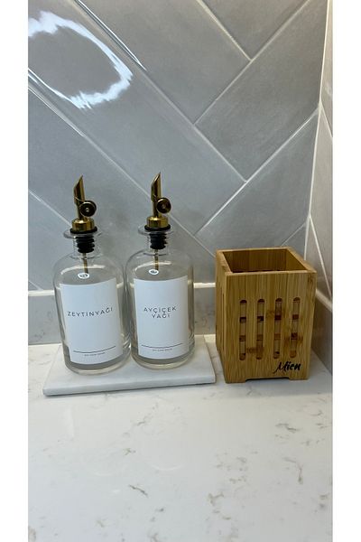 may home design 2-Piece Labeled Glass Oil Pot with Marble Stand/Bamboo Spoon Holder