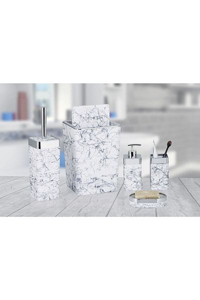 Trend Banyo Mutfak 5 Piece Matte Square Marble Patterned White Acrylic Bathroom Set