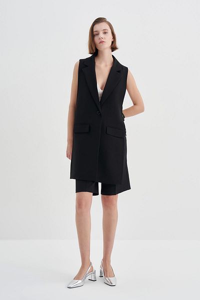 Yake Black Long Vest with Side Ring Detail