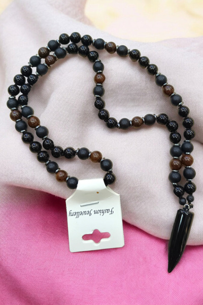 MGA DOĞAL TAŞ قلادة من الحجر الطبيعي مقاس 65 سم - العقيق والهيماتيت وحجر الجوز