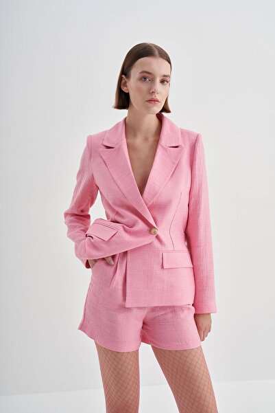 Yake Çift Pileli Düğme Detaylı Pembe Kısa Şort