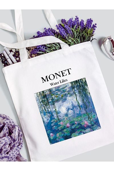 Limon Monet - Geantă de umăr din pânză, albă, groasă, cu imprimeu Crini