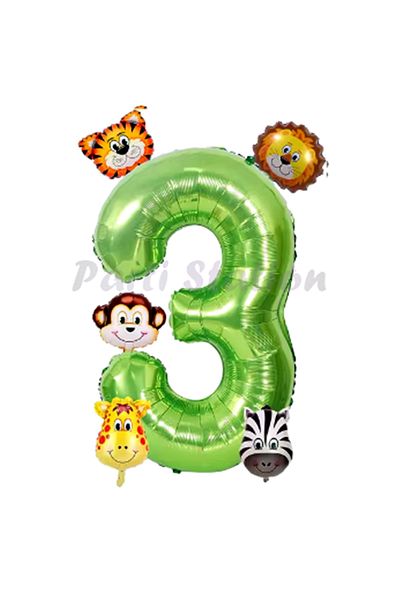 Parti Station Set of 6 Green Numbers Safari Animals Balloons for 3 Year Old Birthday