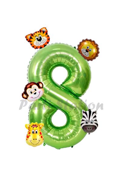 Parti Station 6-piece Safari Animals Balloon Set for 8 Years Old Birthday - Green Number and Concept Balloon
