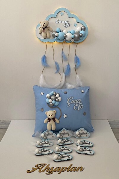 Ahşaplan Bubble Ledli Bebek Bulut Kapı Süsü Yastık ve Bulut Magnet Takımı | Bebek Odası Yeni Doğan Takımı