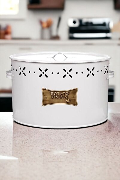 LUCKYHOMES Luxury Stainless Galvanized Potato and Onion Holder 2 Compartments Metal Potato Onion Bucket White 18 Lt