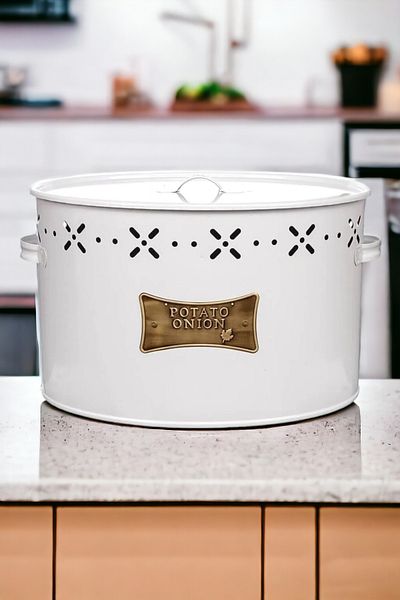 LUCKYHOMES Luxury Stainless Galvanized Potato and Onion Holder 2 Compartments Metal Potato Onion Bucket White 18 Lt
