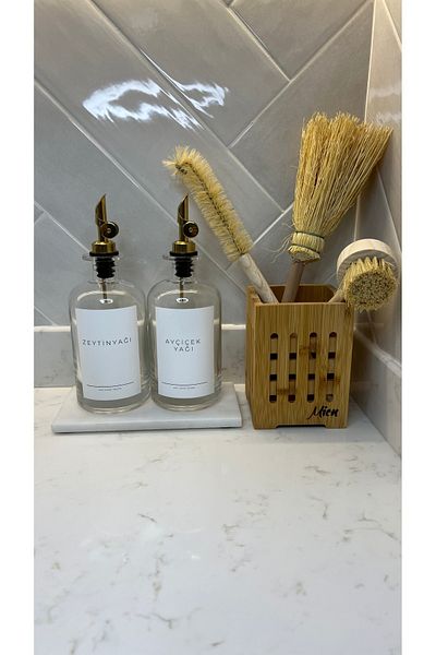 may home design 2-Piece Labeled Glass Oil Pot with Marble Stand/Bamboo Spoon Holder/3-Piece Decorative Brush