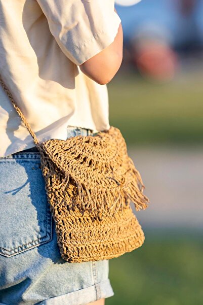 Hipnoz Medya ve Sanat Straw Colored Tasseled Cross Shoulder Bag - Hand Knitted and Paper Thread