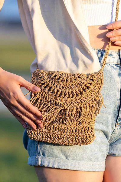 Hipnoz Medya ve Sanat Straw Colored Tasseled Cross Shoulder Bag - Hand Knitted and Paper Thread