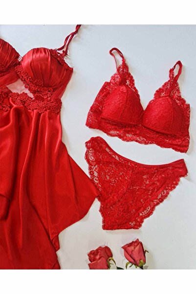 Çeyize dair herşey Passion red satin 4 lü gecelik seti 6602