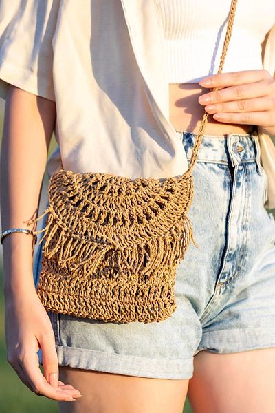 Hipnoz Medya ve Sanat Straw Colored Tasseled Cross Shoulder Bag - Hand Knitted and Paper Thread