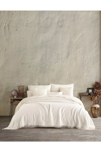 destinyhometex Beige Jacquard Natural 4 Layer Multi Muslin 100% Cotton Double Bedspread 240x250cm