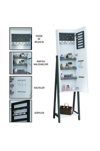 DECOBOX Eyfel Led Aydınlatmalı Boy Aynalı Takı Dolabı Sarı Işık