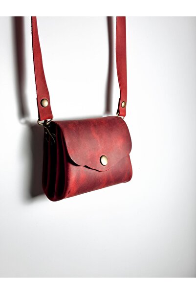 belugan Hakiki Deri El Yapımı Kırmızı Kadın Omuz Askılı Çanta Cüzdan