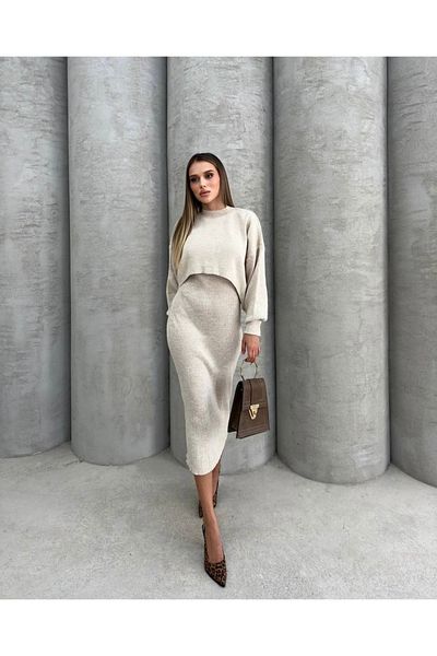 İLKCET MODA Σετ Πλεκτά Πουλόβερ και Φόρεμα - Σετ Πάνω και Κάτω