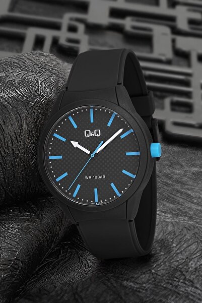 Q&Q Black Silicone - Sports Wristwatch with Blue Pin and White Detail