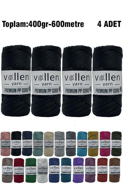 vollen yarn 600m Πολυεστερικό νήμα μακραμέ, νήμα Supla, νήμα τσάντας, νήμα βραχιολάκι, μακραμέ, μαύρο 1,5mm-400gr