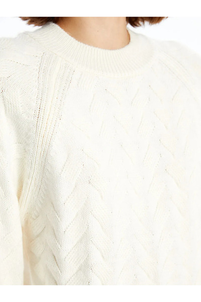 LC Waikiki LCWAIKIKI Basic Ekru Bisiklet Yaka Kendinden Desenli Kadın Triko Kazak