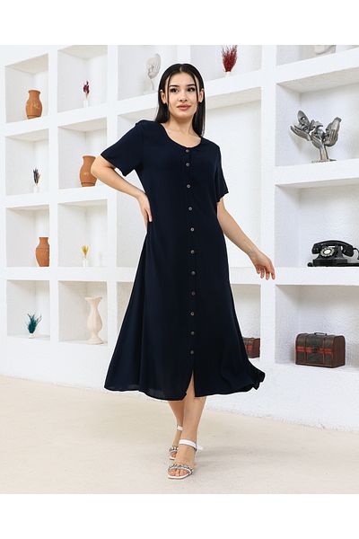 HANIMCA GİYİM Viscose Women's Dress - Buttoned and Belted, Half Sleeve