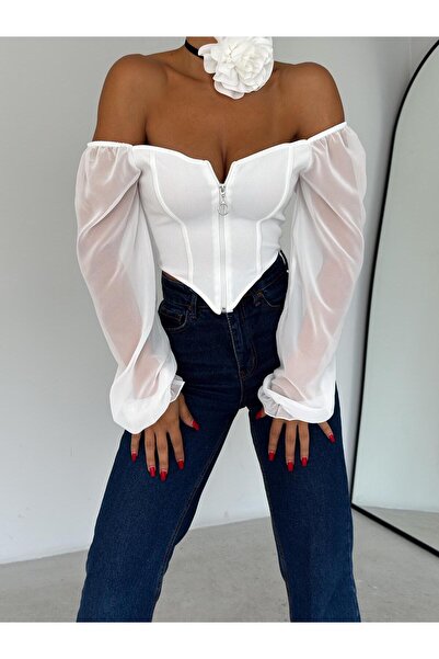 aytenli Οθωμανική μπλούζα σιφόν με φερμουάρ μπροστά ελαφριά τριγωνική κοπή