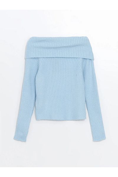 LC Waikiki Hellblauer Damen-Strickpullover mit U-Boot-Ausschnitt – lange Ärmel