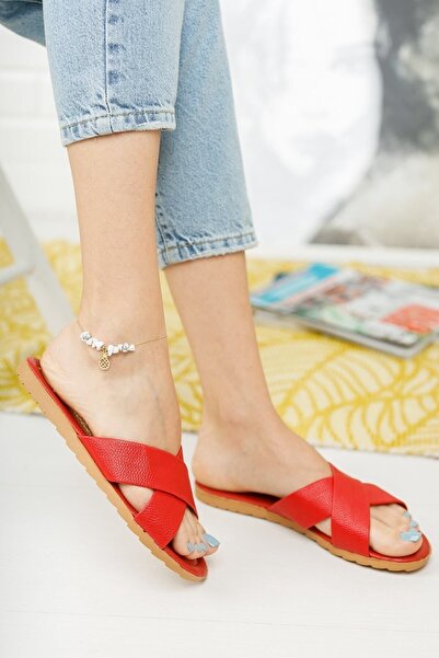 Modafırsat Women's Daily Leather Slippers Red Dowry Bundle Guest Sea Home Beach Holiday Slippers