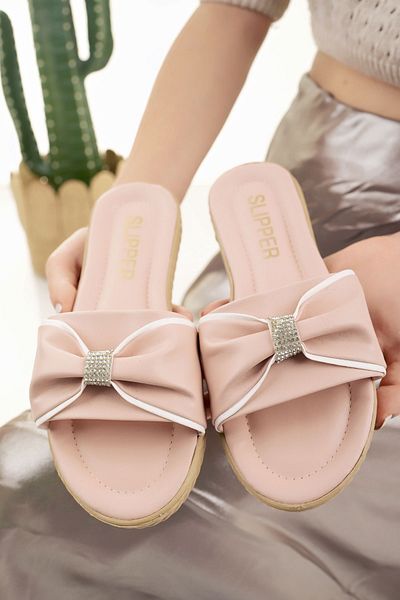 Modafırsat Women's Slippers Pink Stone Ribbon Bow Detailed Stylish Summer Dowry Home Beach Holiday Slippers